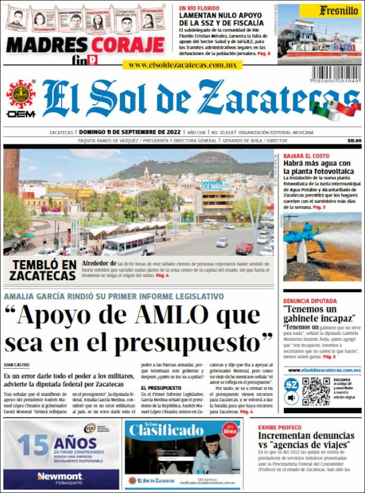 Portada de El Sol de Zacatecas (México)