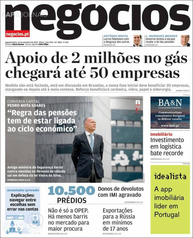 Portada de Jornal de Negócios (Portugal)