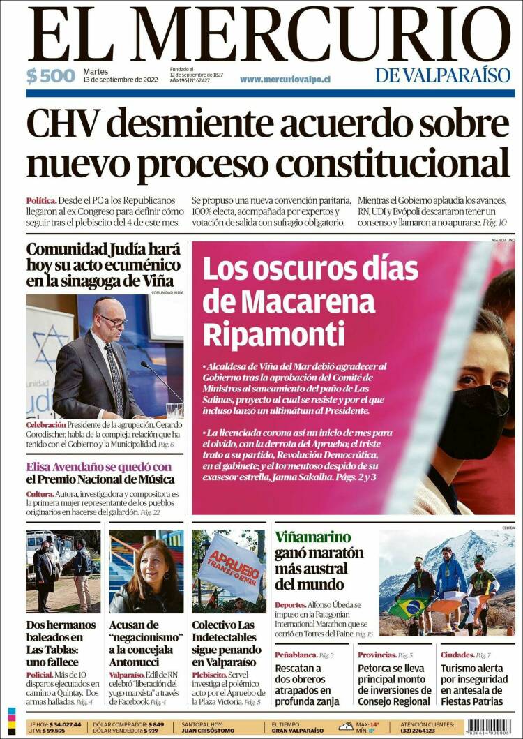 Portada de Mercurio de Valparaiso (Chili)