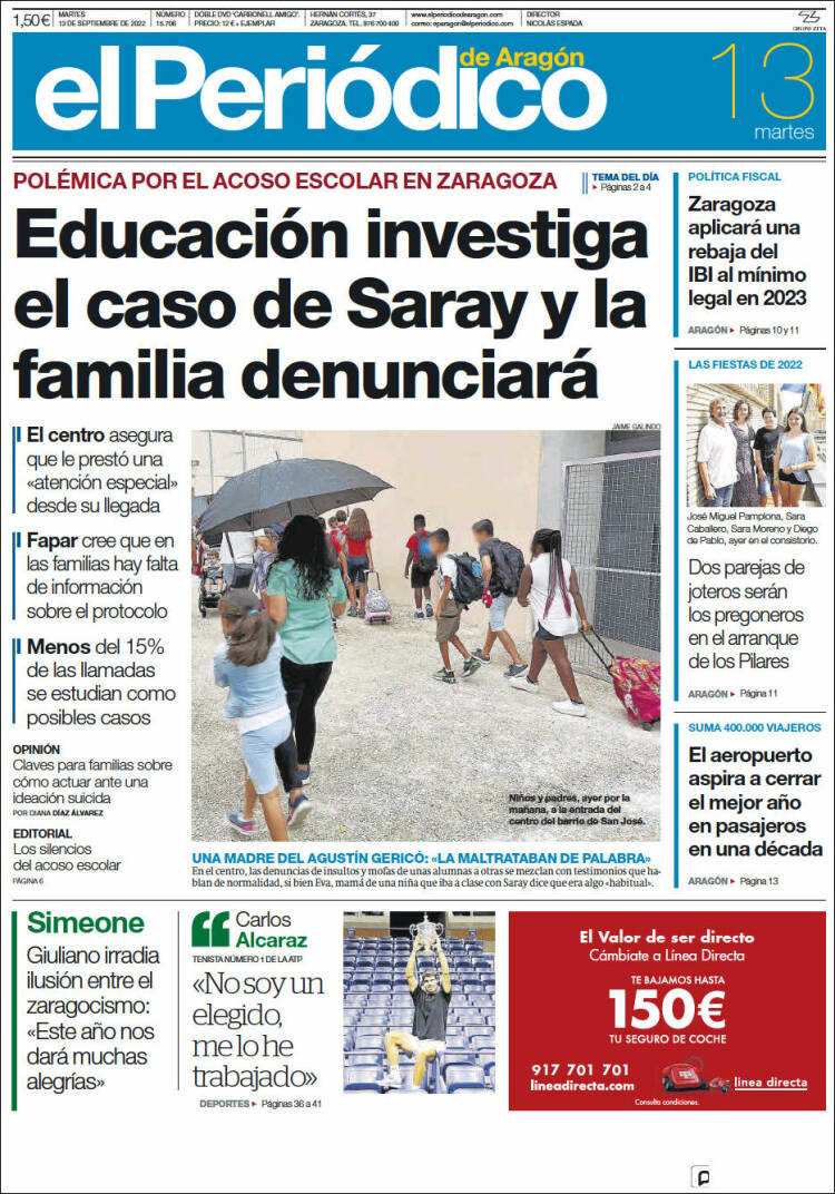 Portada de El Periódico de Aragón (España)