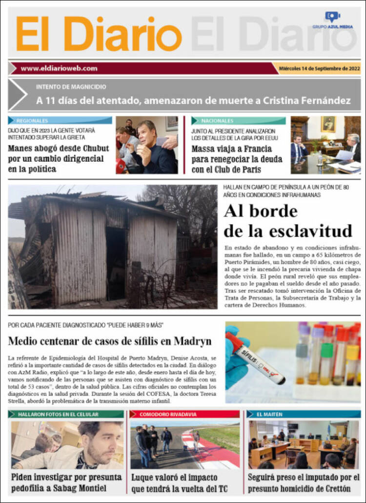 Portada de El Diario de Madryn (Argentina)