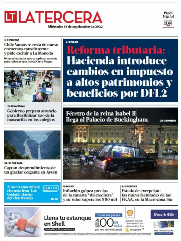 Newspaper La Tercera (Chile). Newspapers in Chile. Wednesday's edition,  September 14 of 2022. 