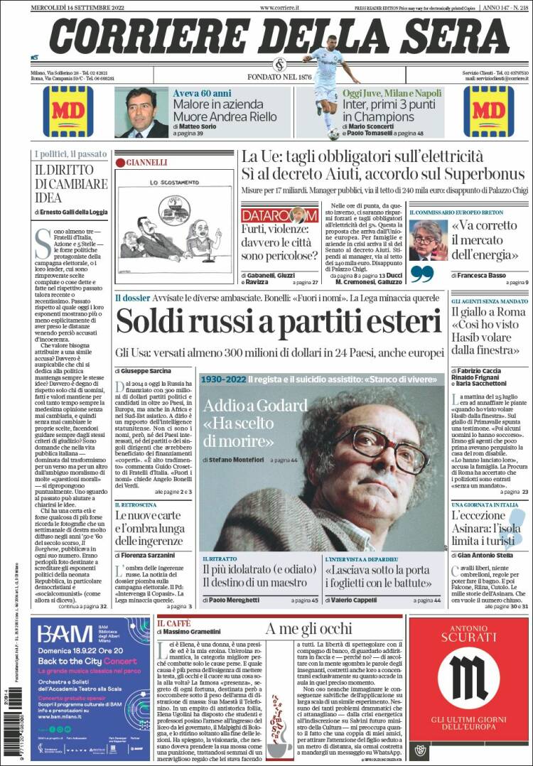 Portada de Corriere della Sera (Italy)