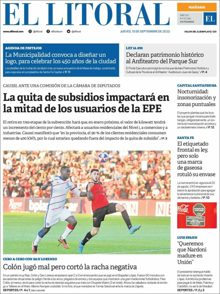 Portada de Diario El Litoral (Argentina)
