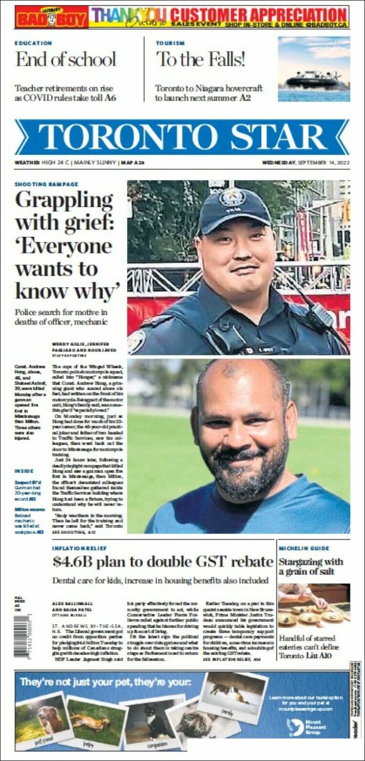 Portada de The Toronto Star (Canadá)