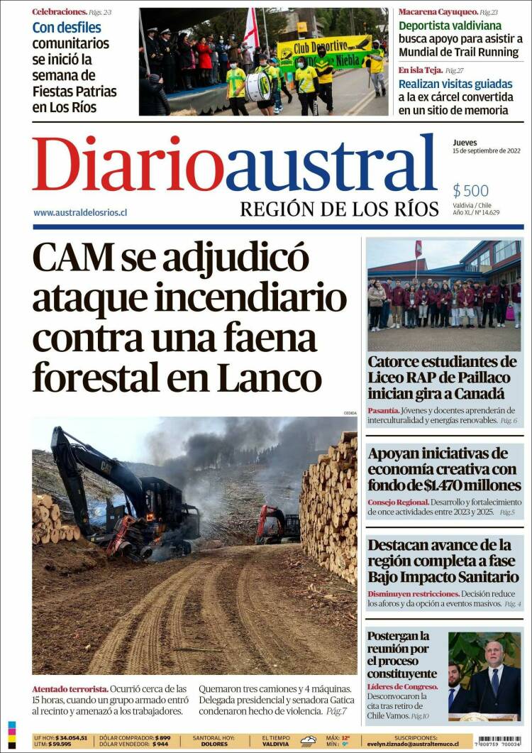 Portada de El Diario Austral de Valdivia (Chile)