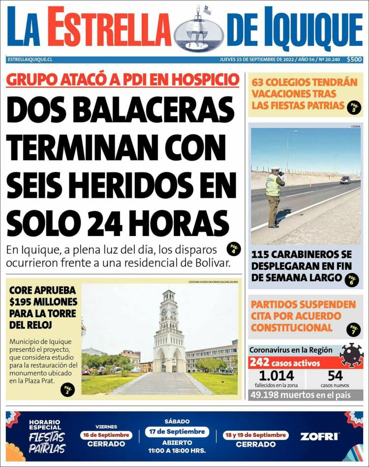 Portada de La Estrella de Iquique (Chile)