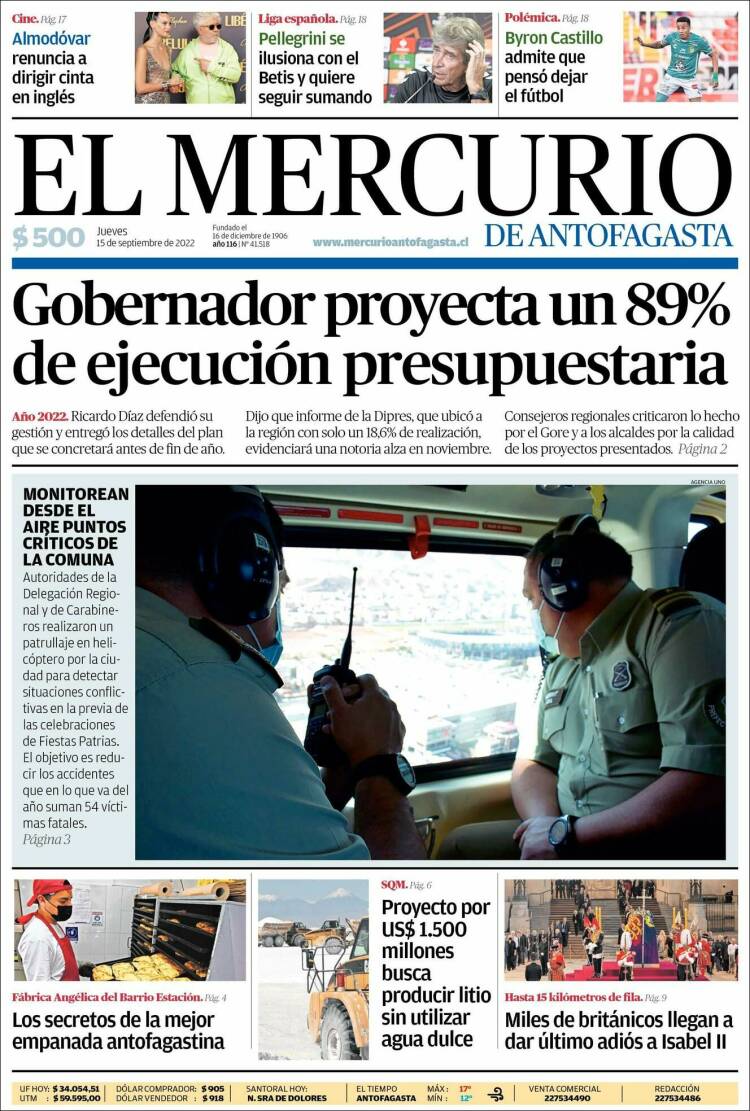 Portada de El Mercurio de Antofagasta (Chile)
