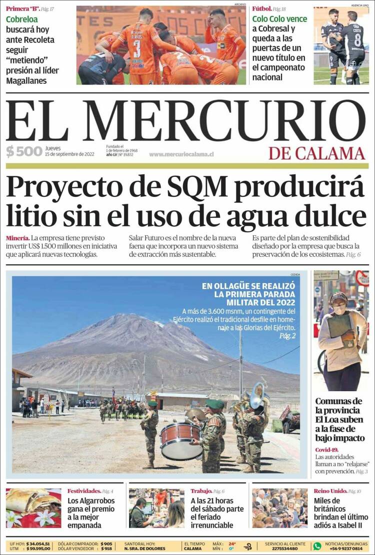 Portada de El Mercurio - Calama (Chile)