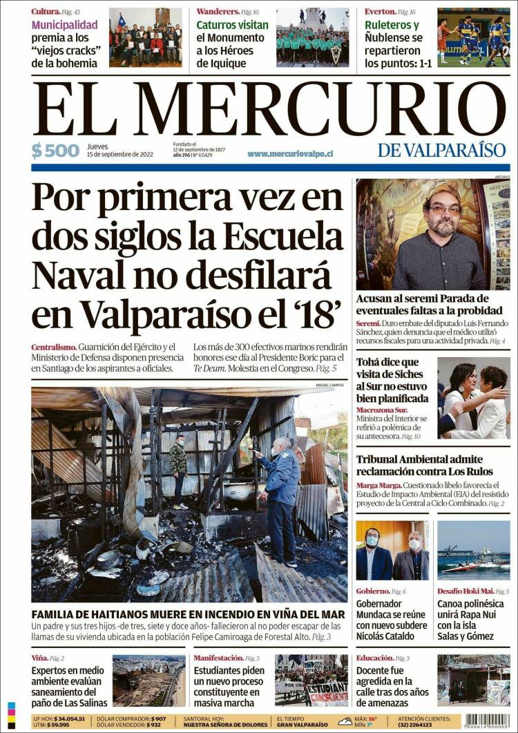Portada de Mercurio de Valparaiso (Chile)