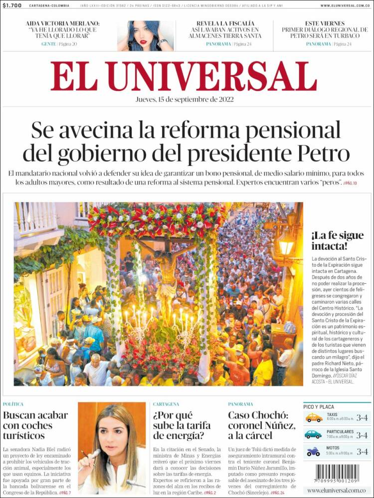 Portada de El Universal (Colombia)
