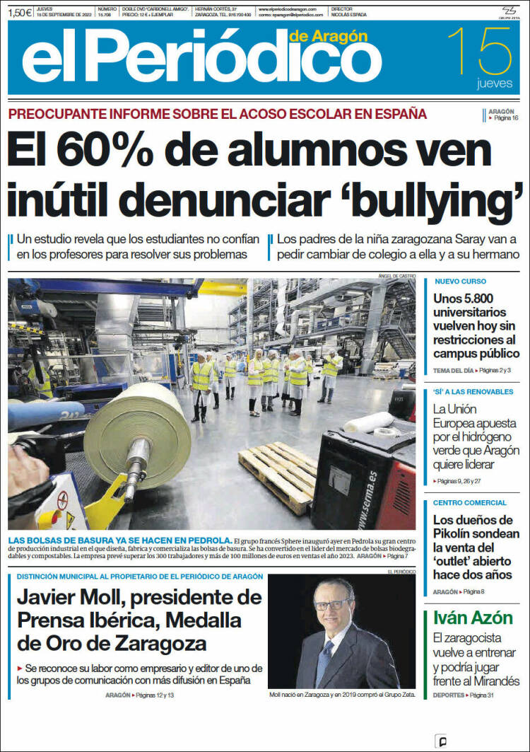 Portada de El Periódico de Aragón (España)