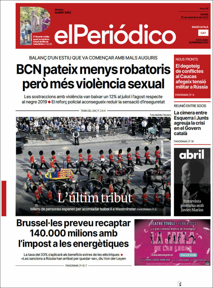 Portada de El Periódico de Catalunya (España)