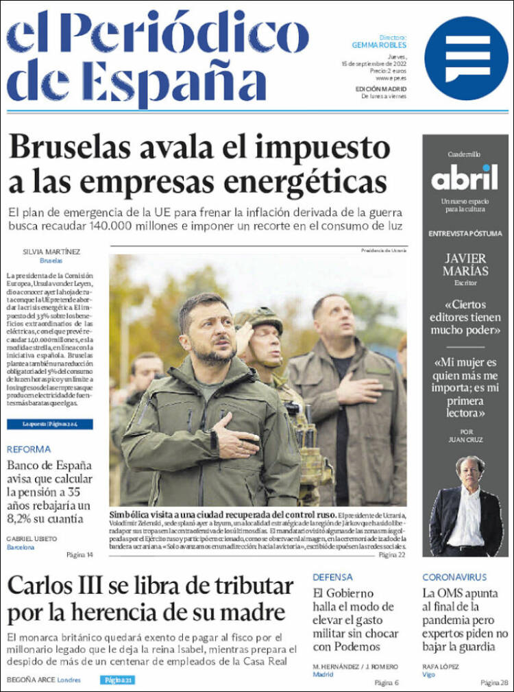 Portada de El Periódico de España (España)