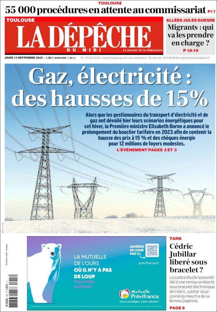 Portada de La Dépêche du Midi (Francia)