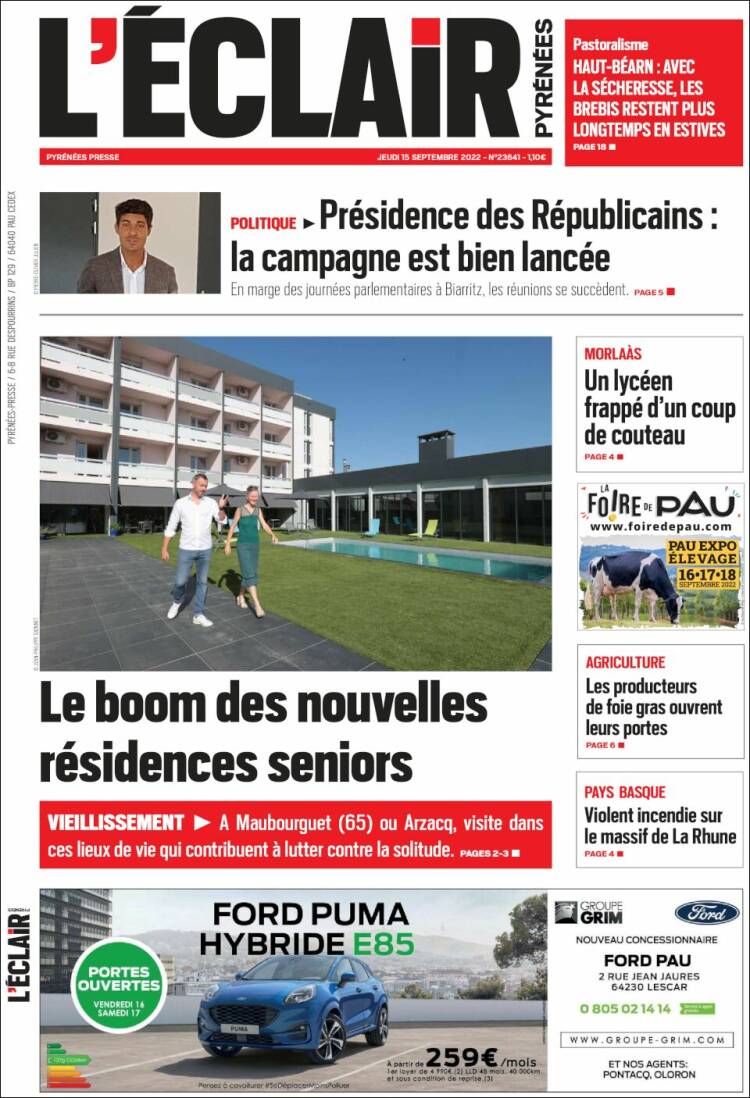 Portada de L'Eclair des Pyrénées (Francia)