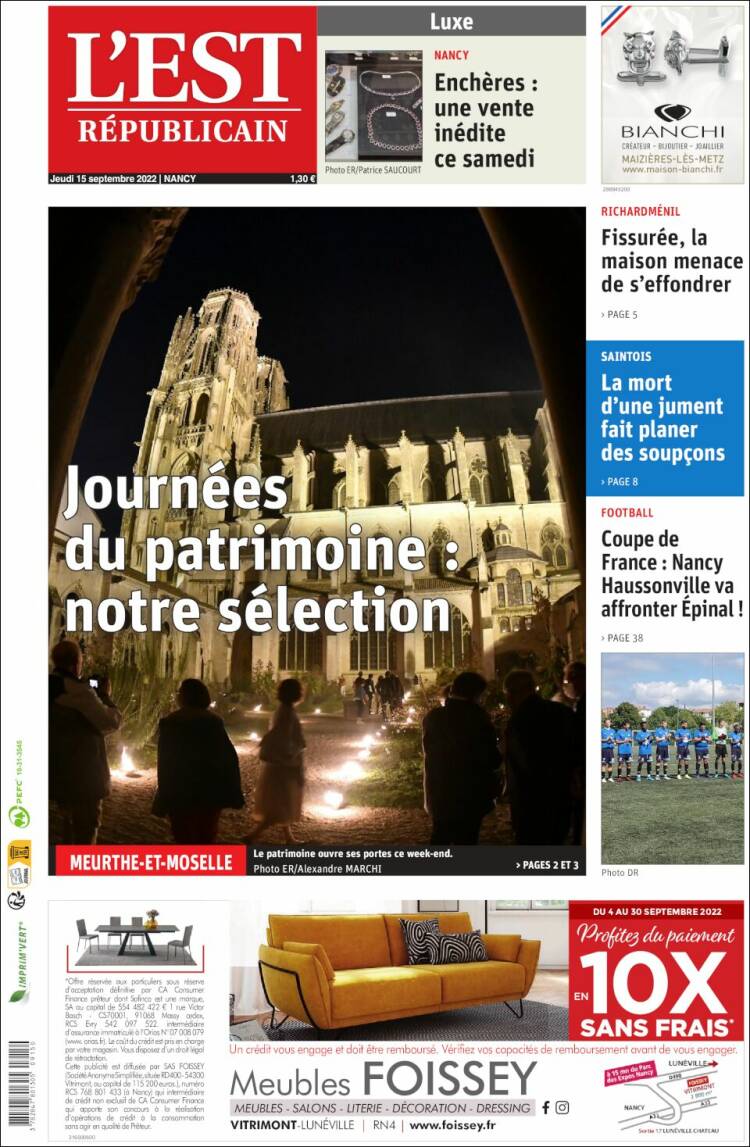 Portada de L'Est Republicain (Francia)