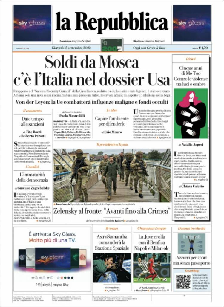 Portada de La Repubblica (Italia)