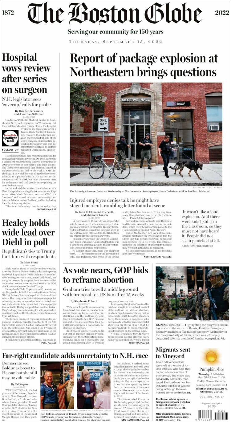 Portada de Boston Globe (USA)