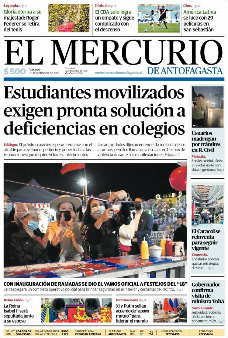 Portada de El Mercurio de Antofagasta (Chile)