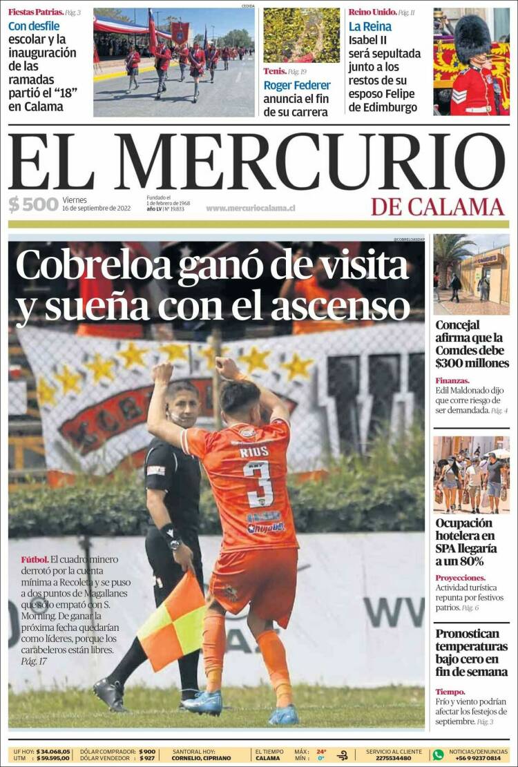 Portada de El Mercurio - Calama (Chile)