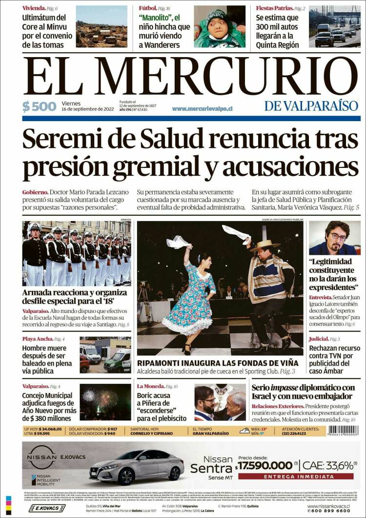 Portada de Mercurio de Valparaiso (Chile)