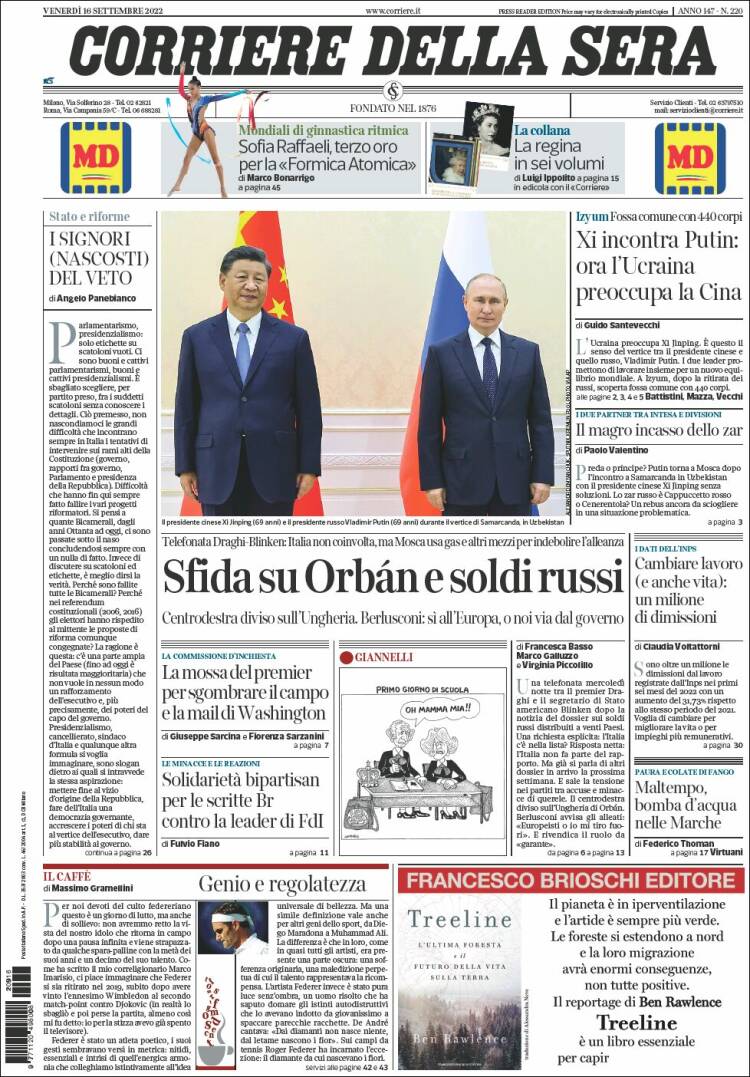 Portada de Corriere della Sera (Italia)