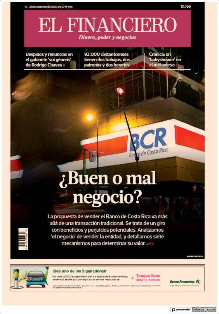 Portada de El Financiero (Costa Rica)