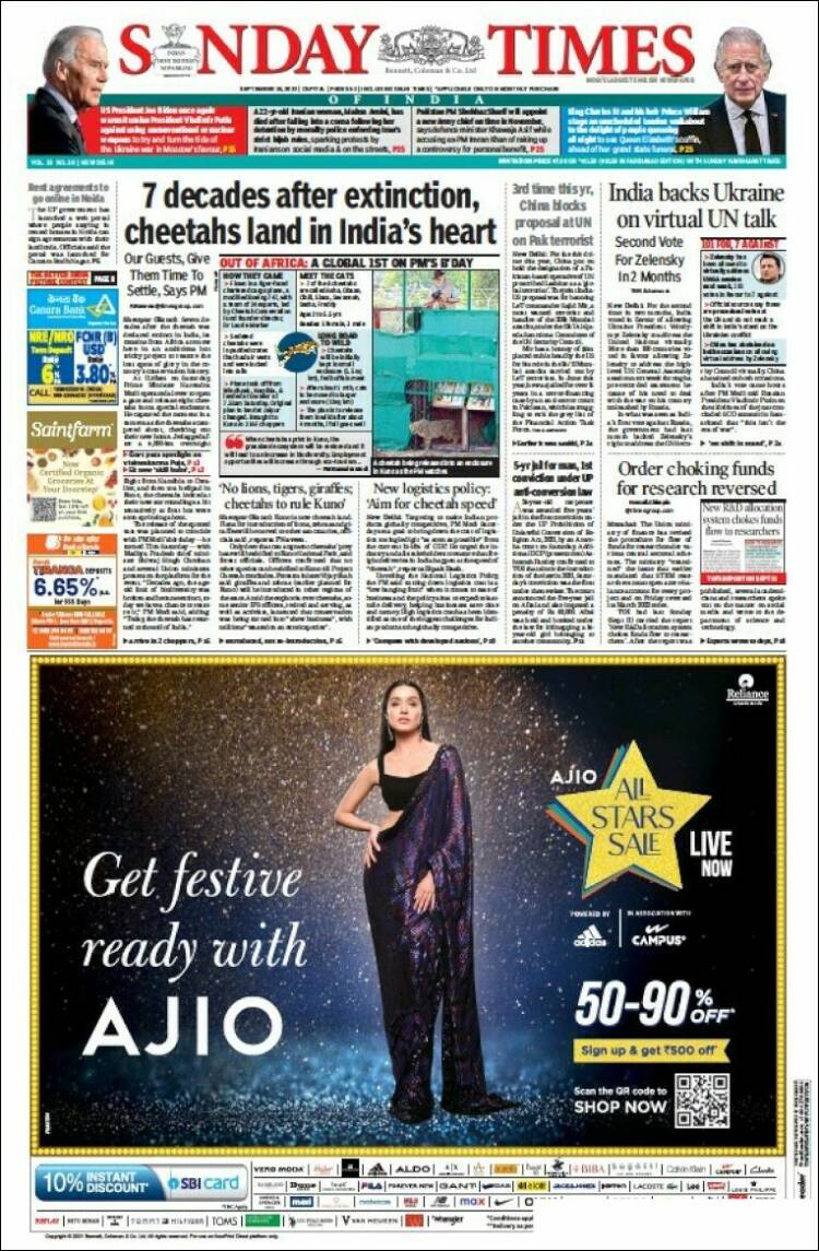 Portada de The Times of India (India)