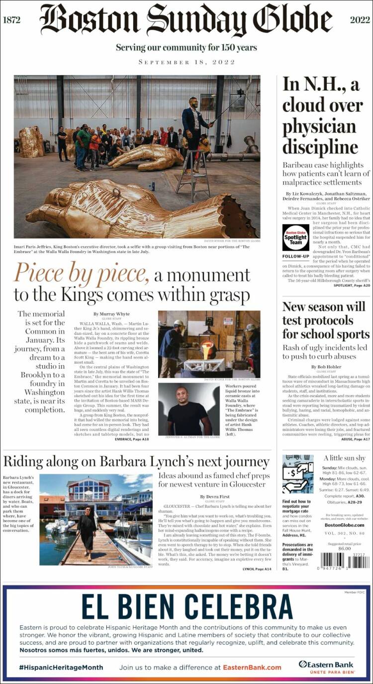 Portada de Boston Globe (USA)