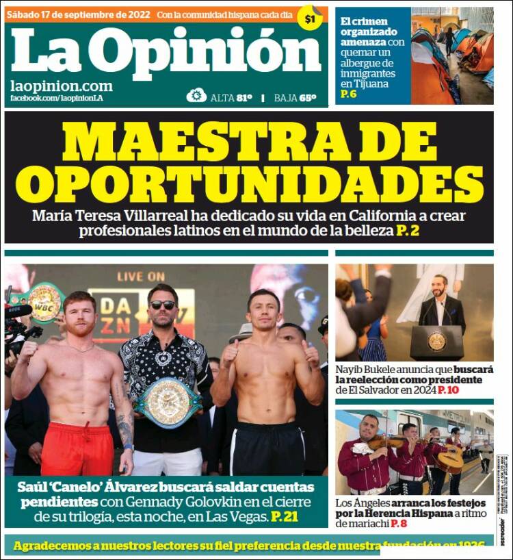 Portada de La Opinión (USA)