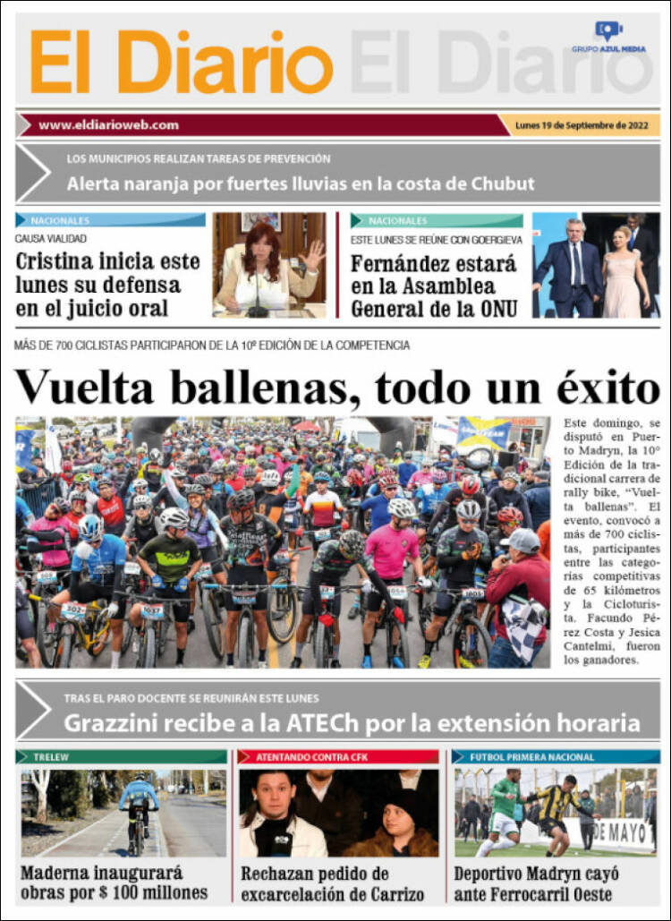 Portada de El Diario de Madryn (Argentina)