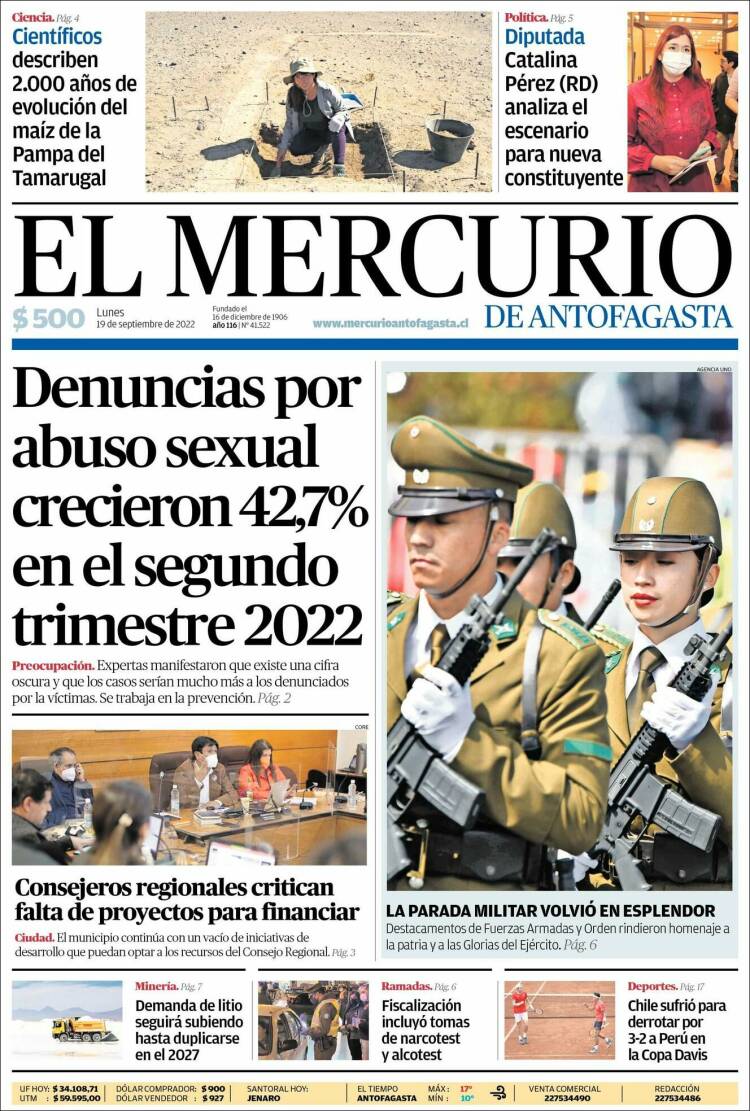 Portada de El Mercurio de Antofagasta (Chile)