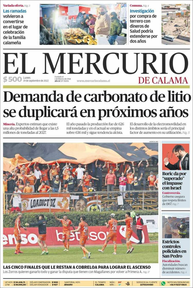 Portada de El Mercurio - Calama (Chile)