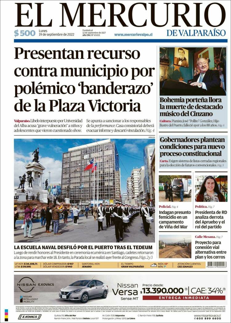 Portada de Mercurio de Valparaiso (Chile)
