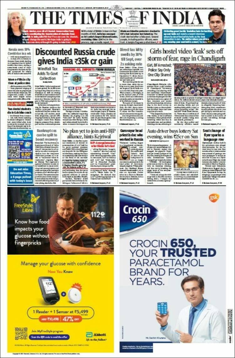 Portada de The Times of India (India)