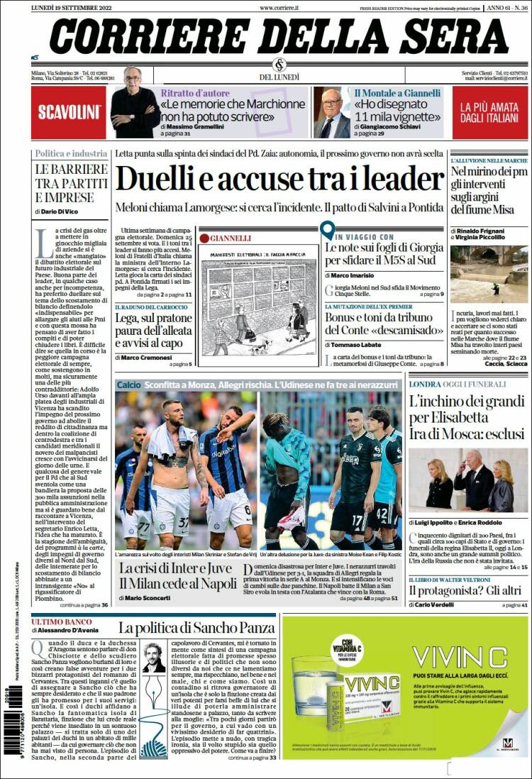 Portada de Corriere della Sera (Italia)