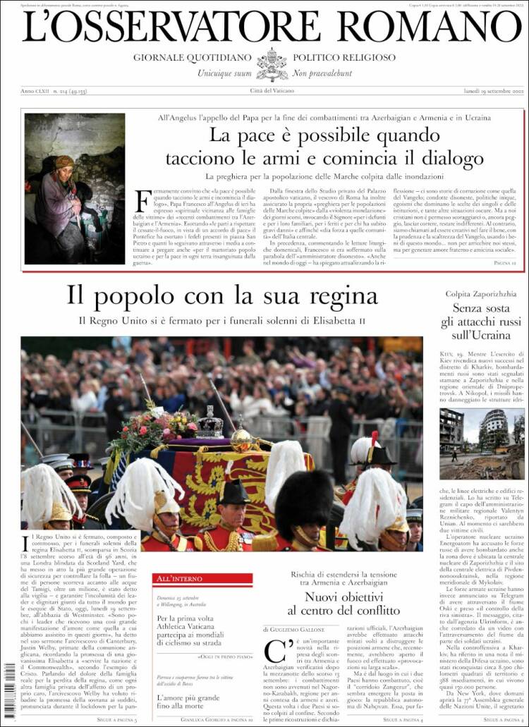 Portada de L'Osservatore Romano (Italia)