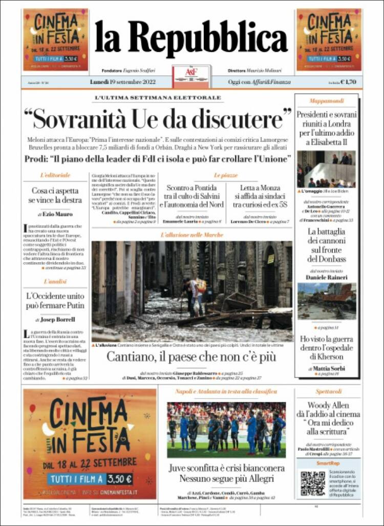 Portada de La Repubblica (Italia)