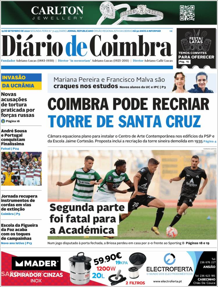 Portada de Diário de Coimbra (Portugal)