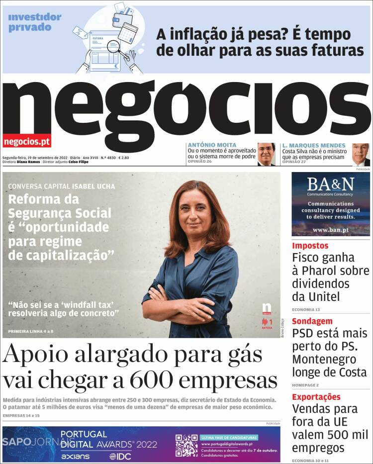 Portada de Jornal de Negócios (Portugal)