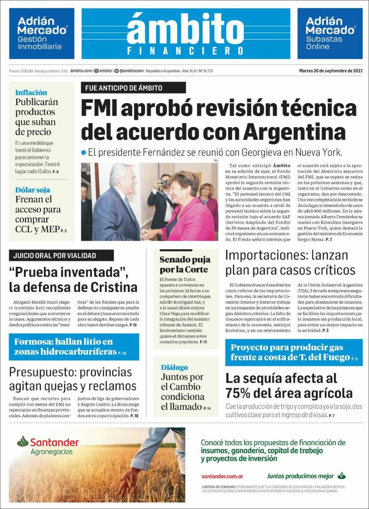 Portada de Diario Ambito Financiero (Argentina)