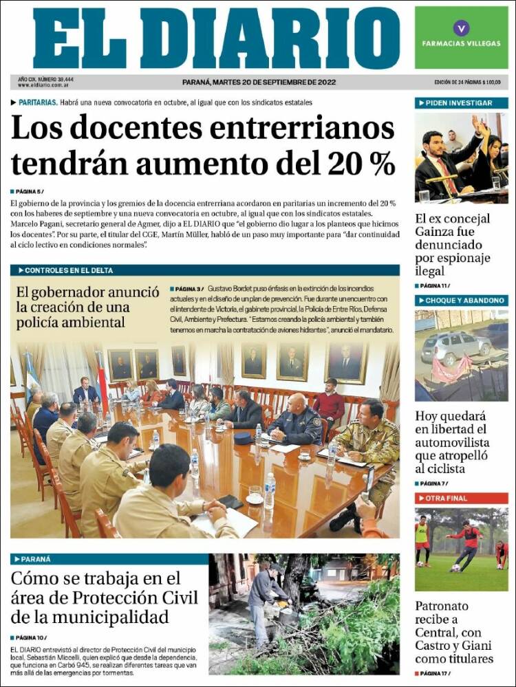 Portada de El Diario de Paraná (Argentina)