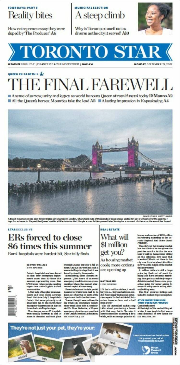 Portada de The Toronto Star (Canadá)