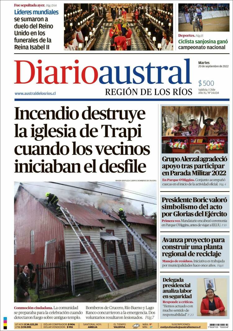 Portada de El Diario Austral de Valdivia (Chile)
