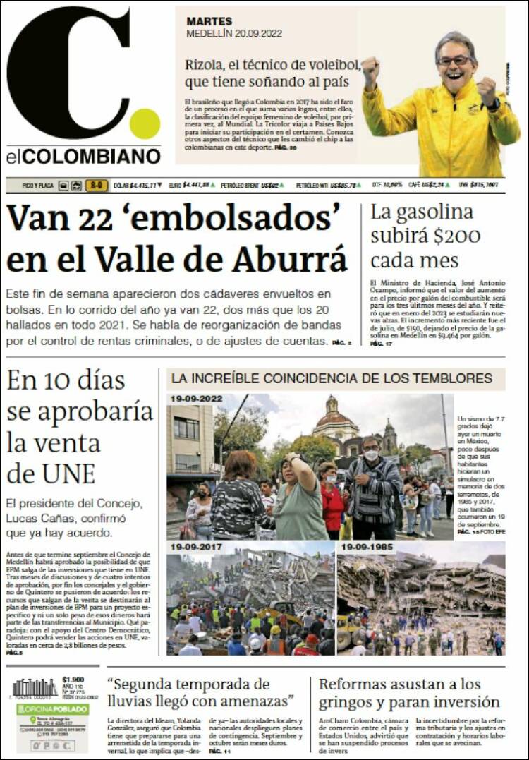 Portada de El Colombiano (Colombie)
