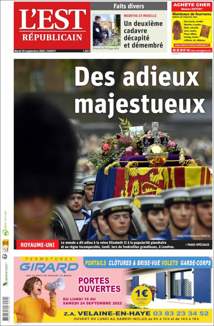 Portada de L'Est Republicain (Francia)