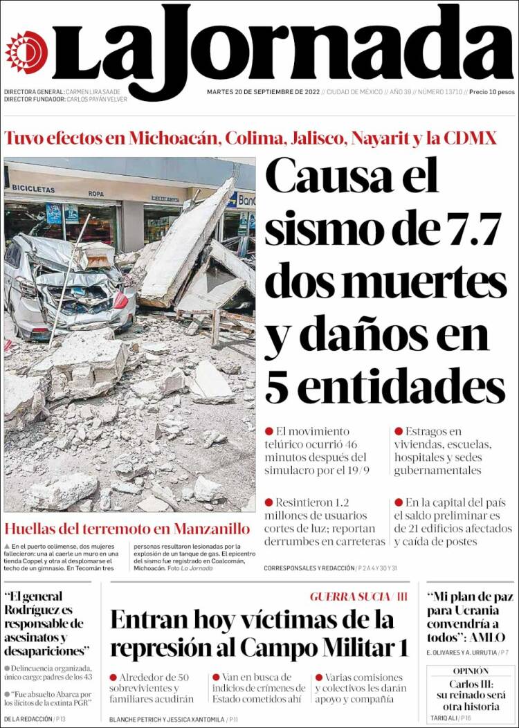 Periódico La Jornada México Periódicos de México Edición de martes de septiembre de