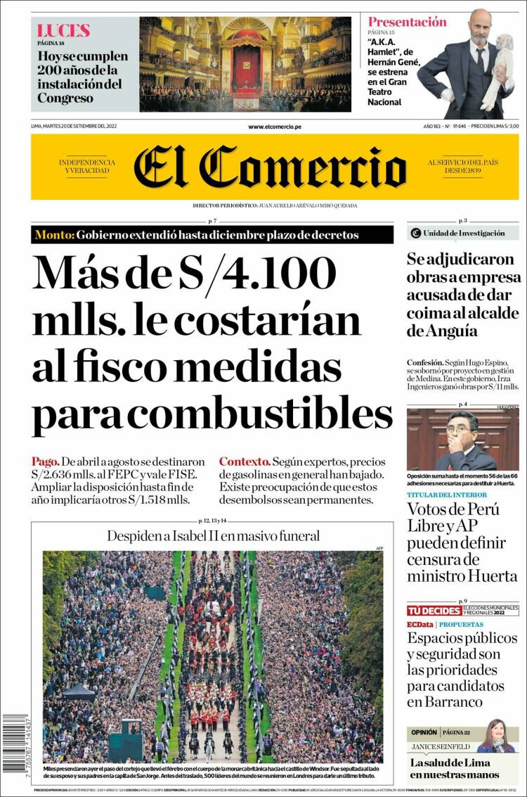 Portada de El Comercio (Per&uacute;)