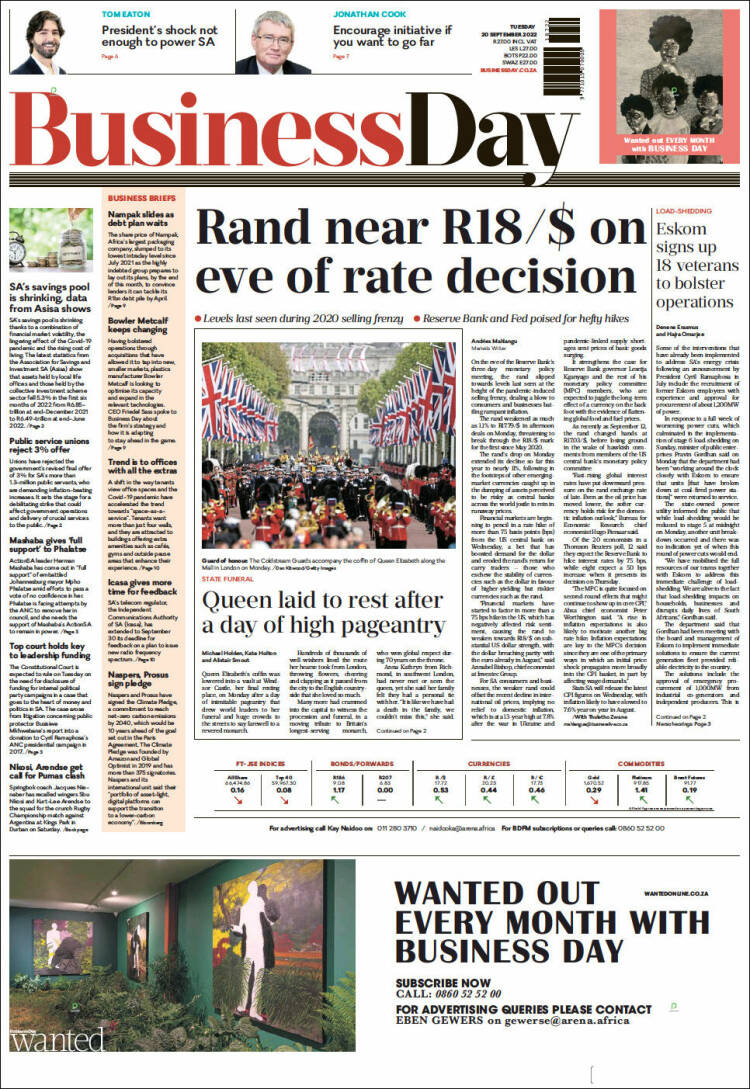 Portada de Business Day (Sud&aacute;frica)